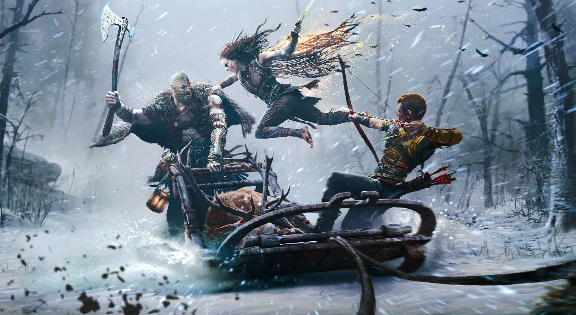 Depiction of a dramatic scene from the 'God of War Ragnarok' video game.