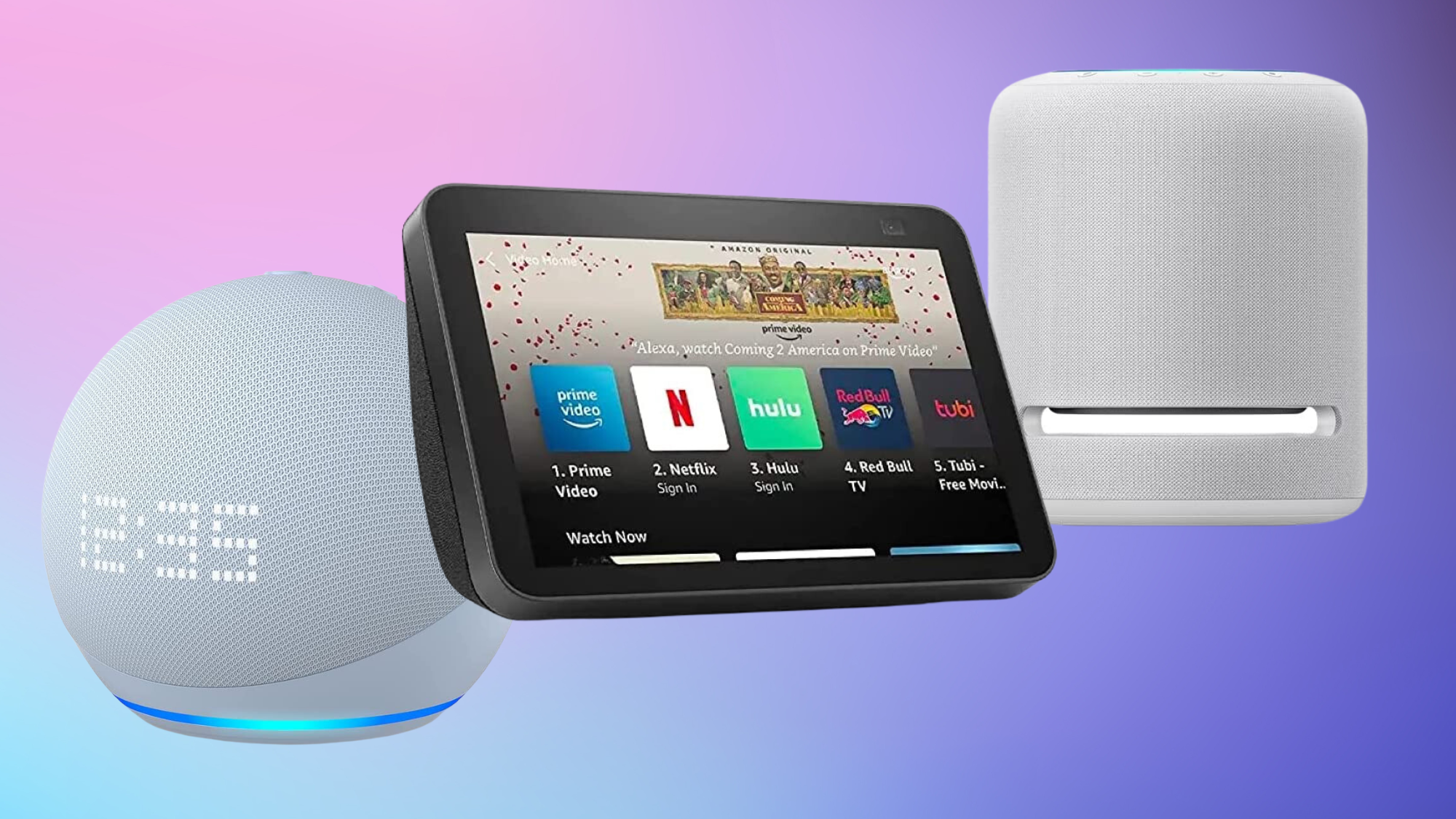 amazon echo devices against a purple background