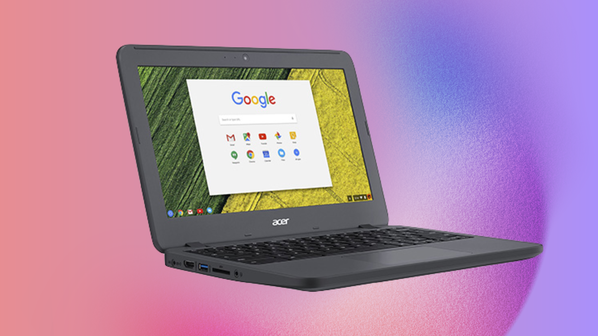Acer Chromebook laptop displaying an internet browser screen on a colorful background