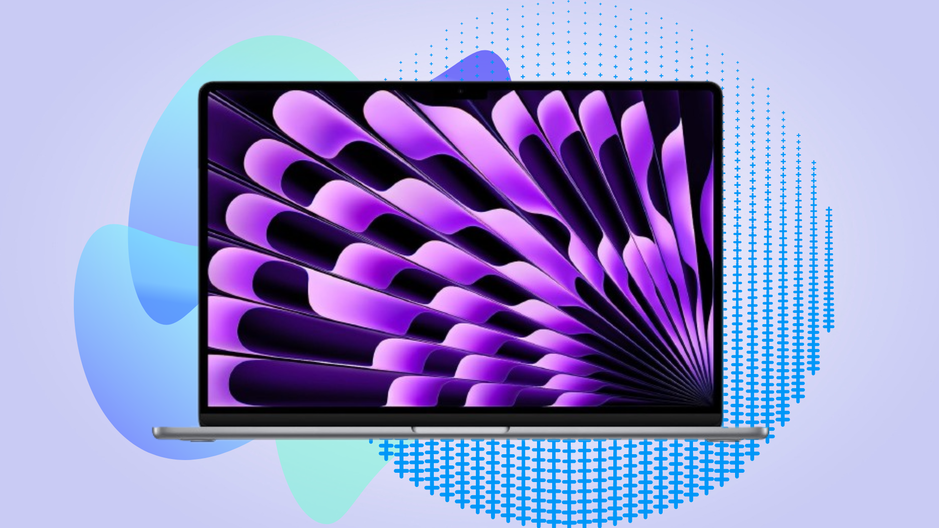 macbook air in front of light purple background and sky blue blobs, circle made of blue crosses
