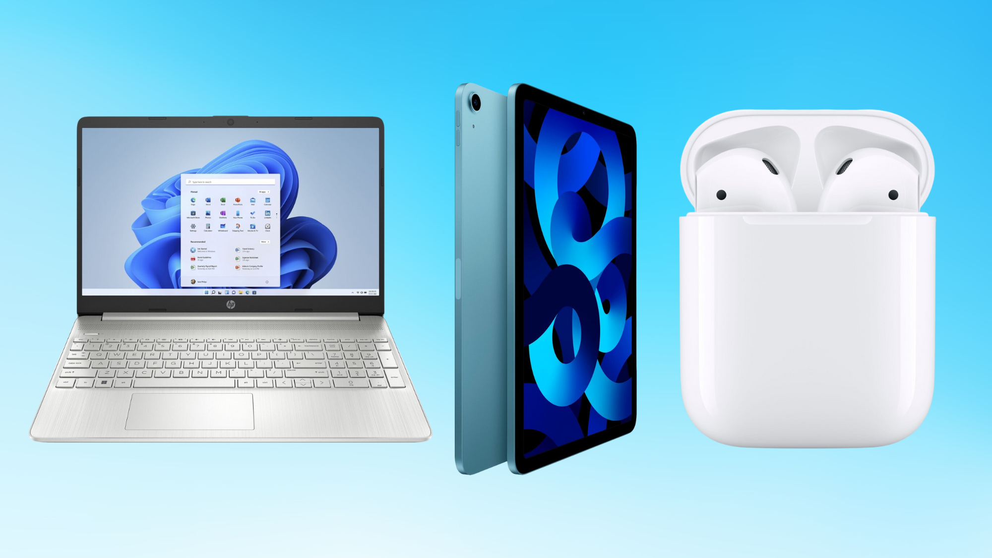 Laptop, iPad, and AirPods against a blue background 