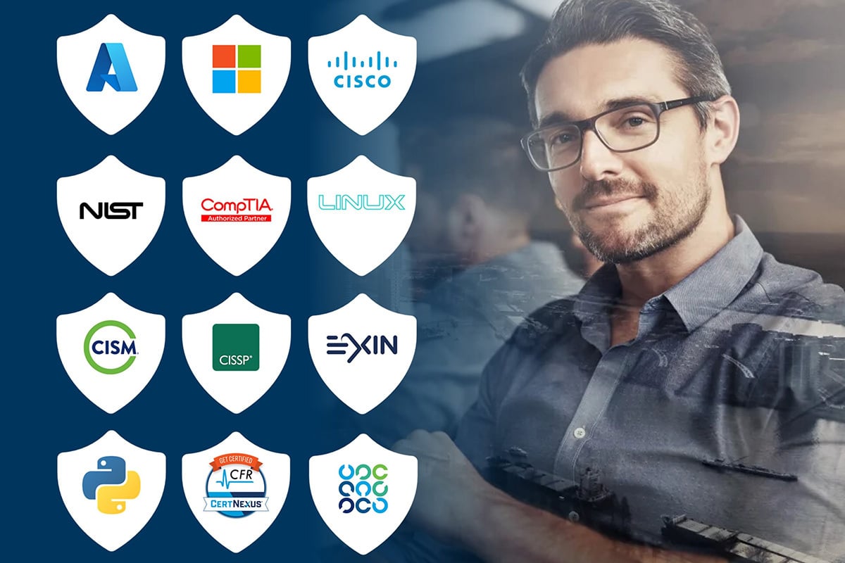 Man in glasses with icons for the various courses offered in this bundle to his left.