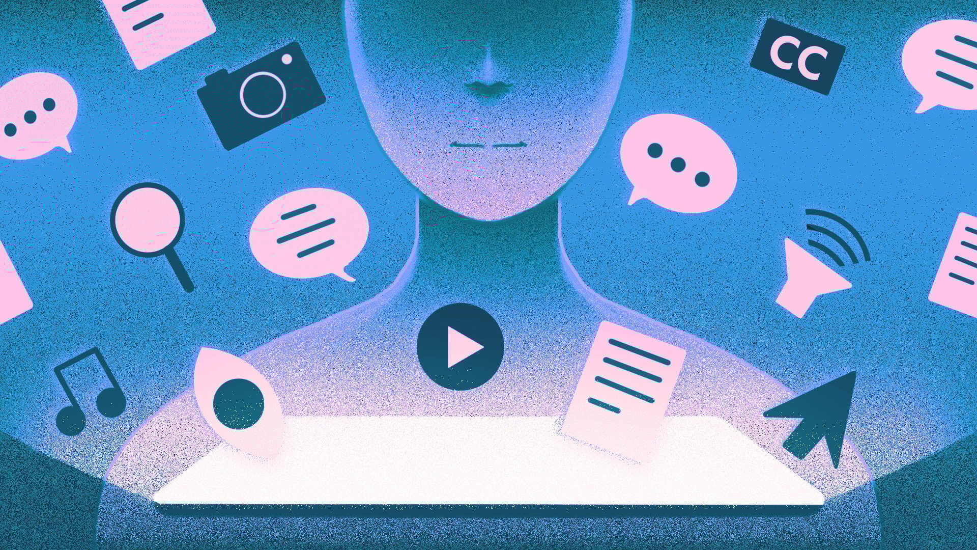 A blue illustration of. person staring at a screen with various tech icons floating around their head.