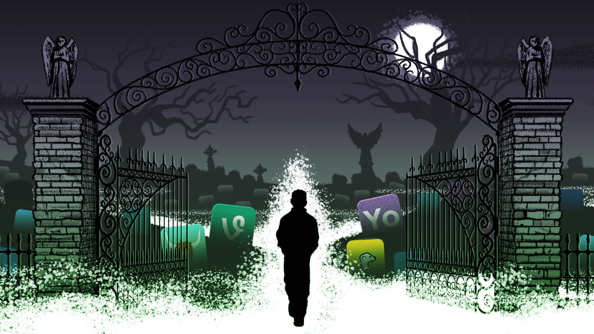 A person walking through a graveyard of social media apps.