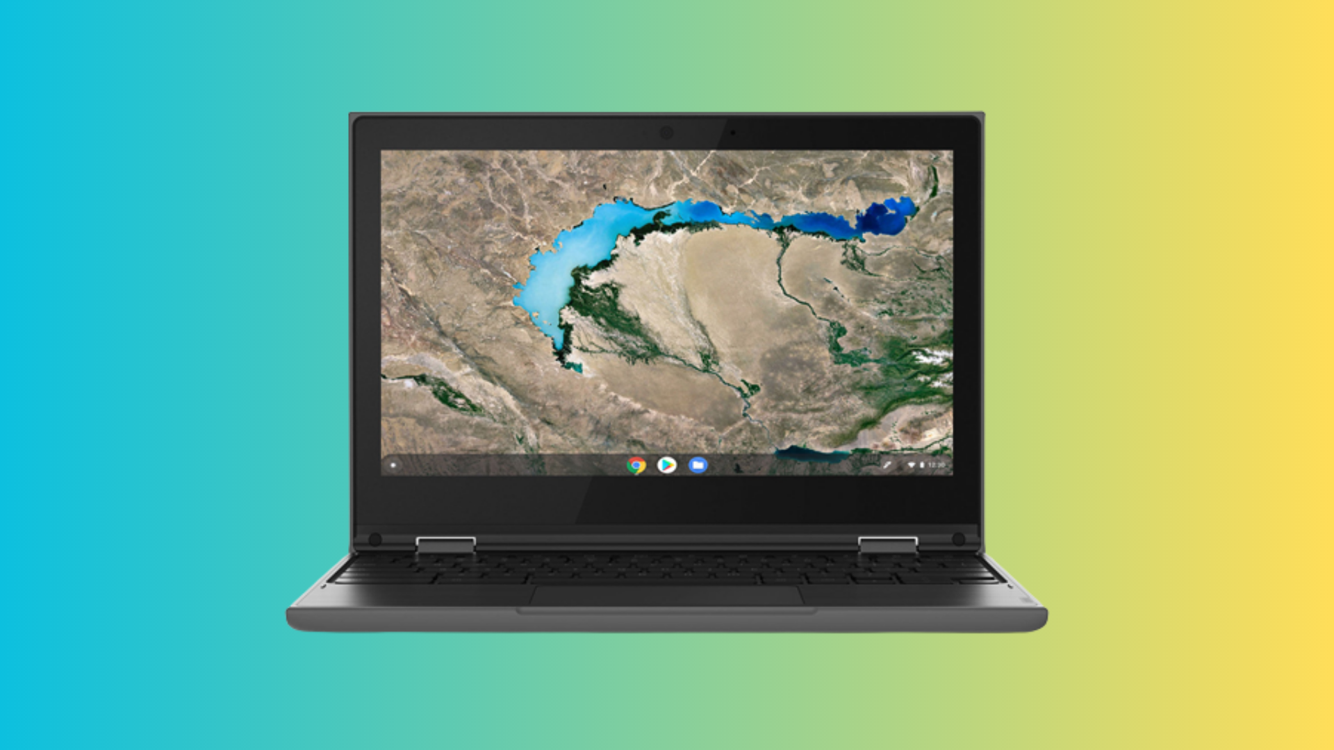 A Lenovo 2-in-1 Chromebook overlaid on a colorful, blue-green gradient background