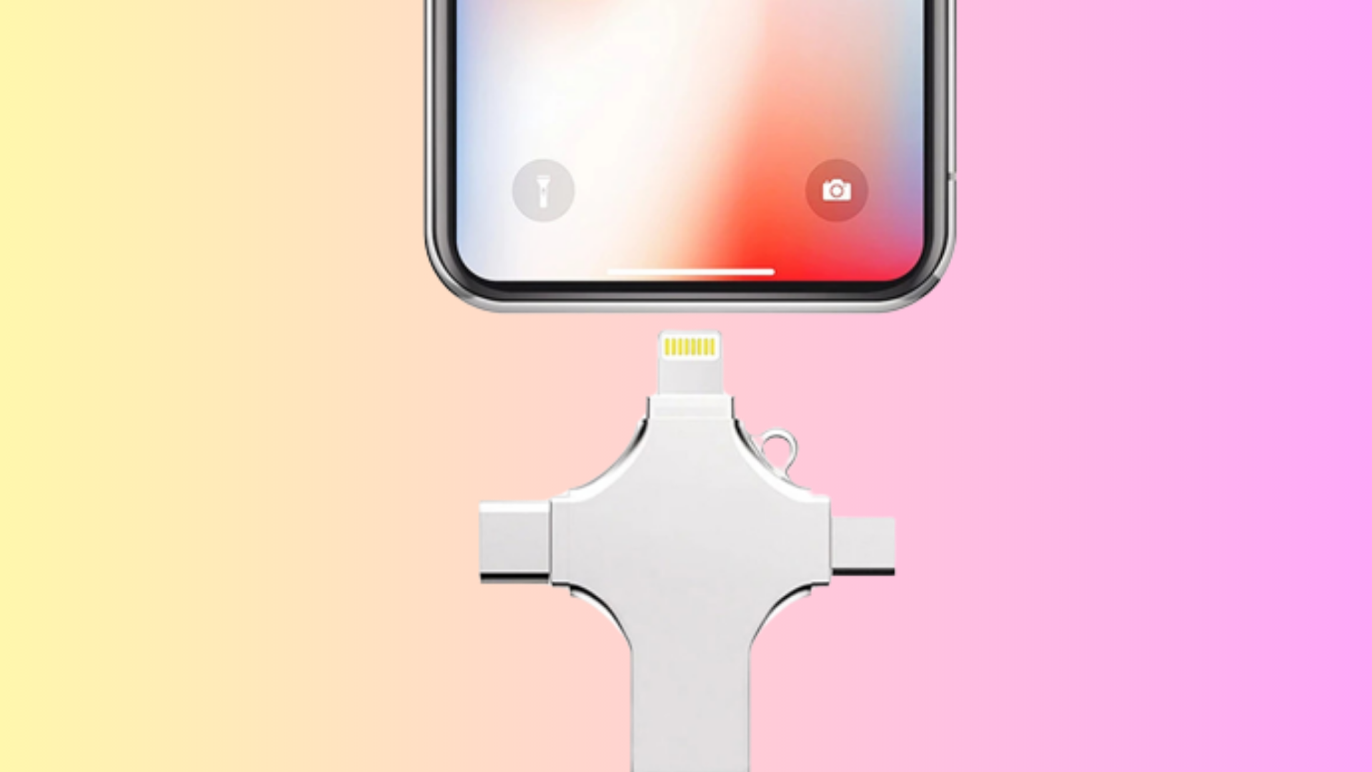The 4-in-1 Smart Flash Drive near an iPhone overlaid on a colorful pink-and-yellow gradient background