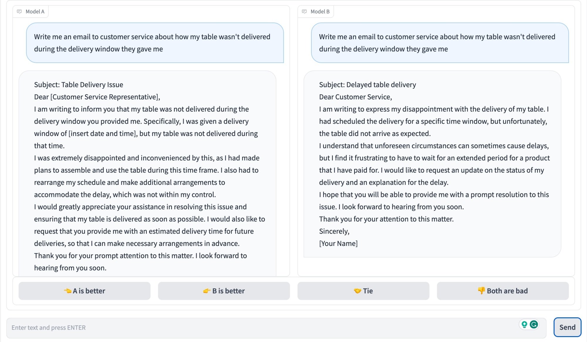 Chatbot Arena showing two responses from anonymous chatbots based on the same prompt