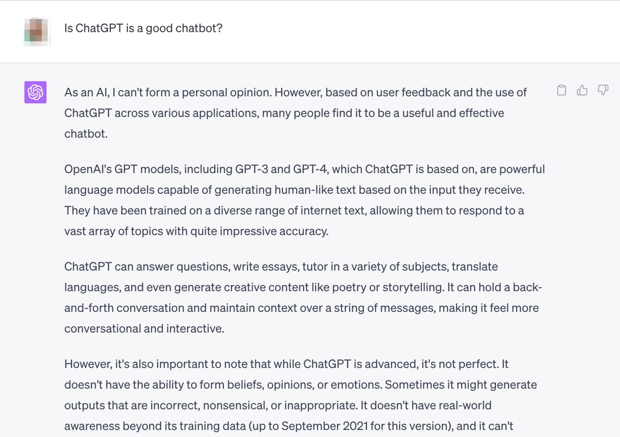 ChatGPT responding to whether it's a good chatbot