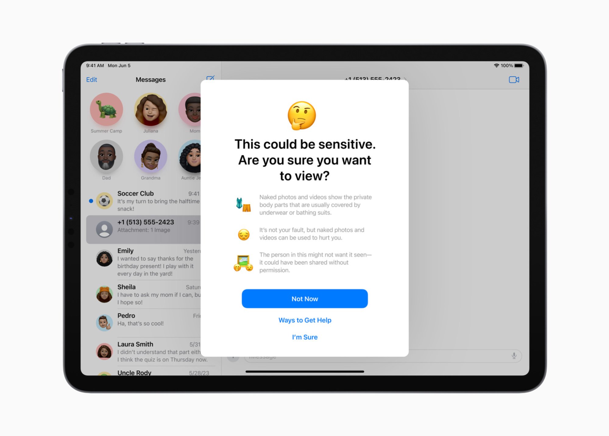 Communication Safety pop up displayed on iPad