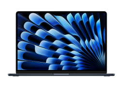 MacBook Air in midnight blue with screen showing blue and black design