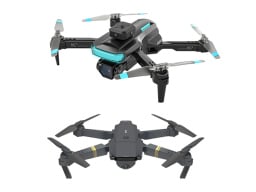 Two drones, one with blue details and the other with yellow