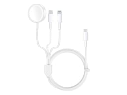 White 3-in-1 USB-C charging cable overlayed on a white background