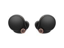 Circular Sony wireless earbud headphones in a black color over a white background