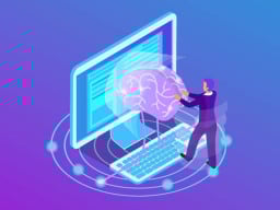 animation graphic person typing on a brain inside of a computer