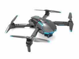 A dark-colored drone with blue detailing overlaid on a white background