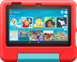 Amazon Fire 7 kids tablet in a red color with its games and applications shown on screen