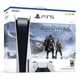 The 'God of War Ragnarok' PlayStation 5 bundle pictured in its box over a white background.