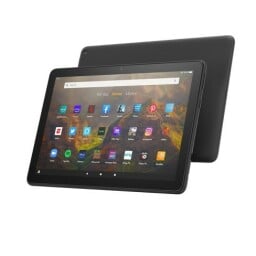 Two black Amazon Fire HD 10 tablet shown one on top of the other 