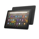 Two black Amazon Fire HD 10 tablet shown one on top of the other 
