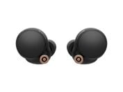 Circular Sony wireless earbud headphones in a black color over a white background