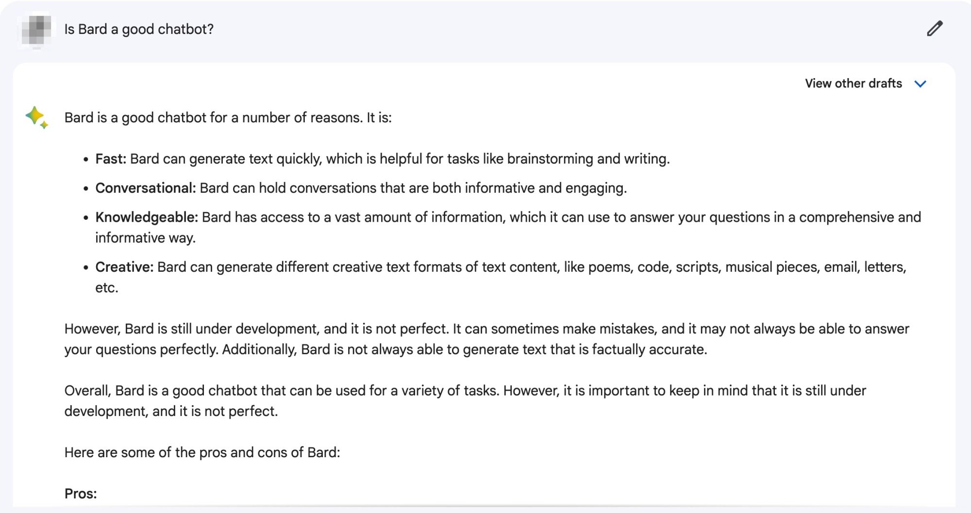 Bard responding to whether it's a good chatbot