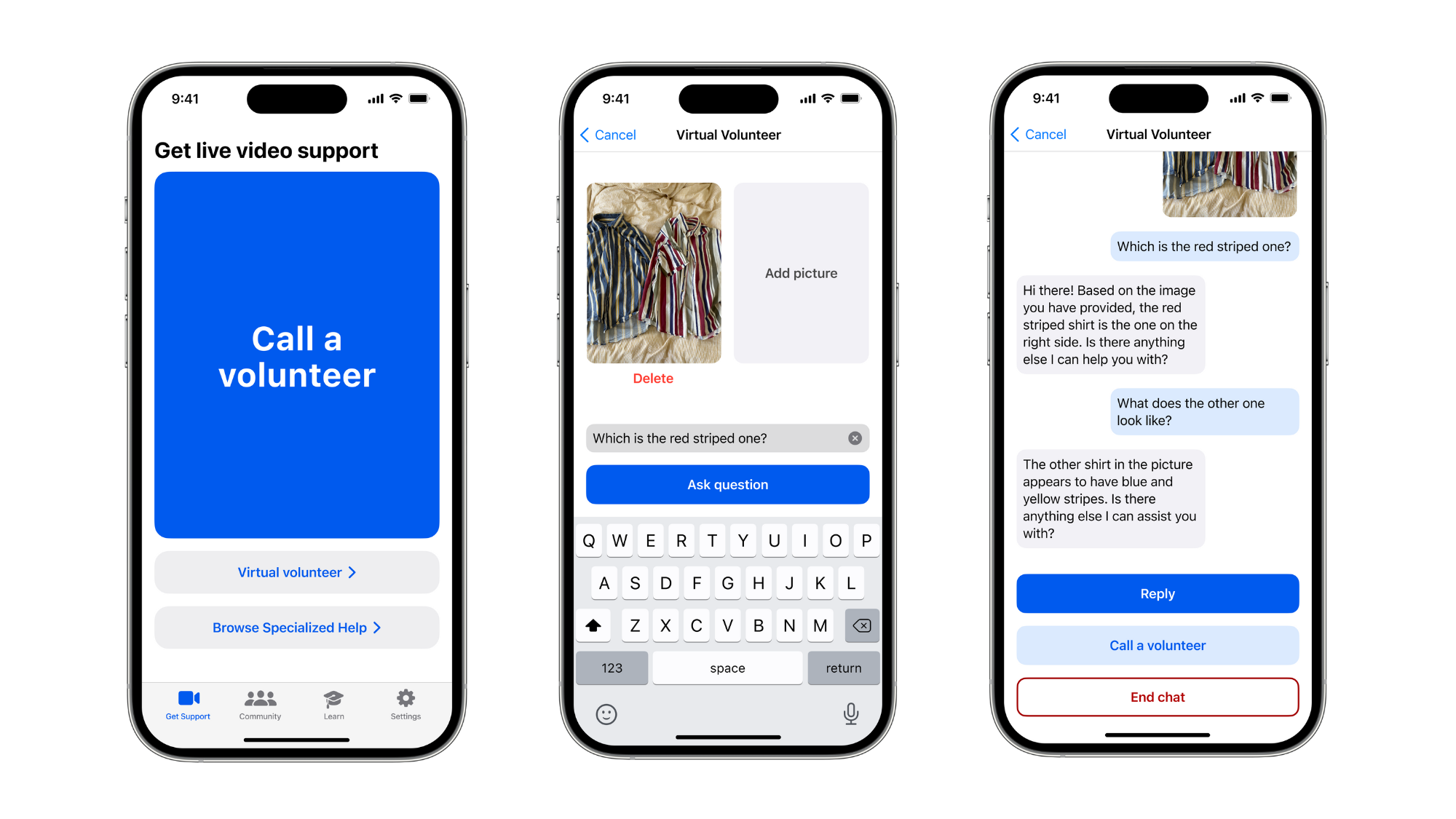 Three screenshots of the Be My Eyes visual volunteer tool assisting a user in picking out a striped shirt. 