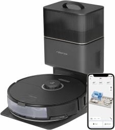 Black Roborock robot vacuum on dock and smartphone with 3D home map on screen