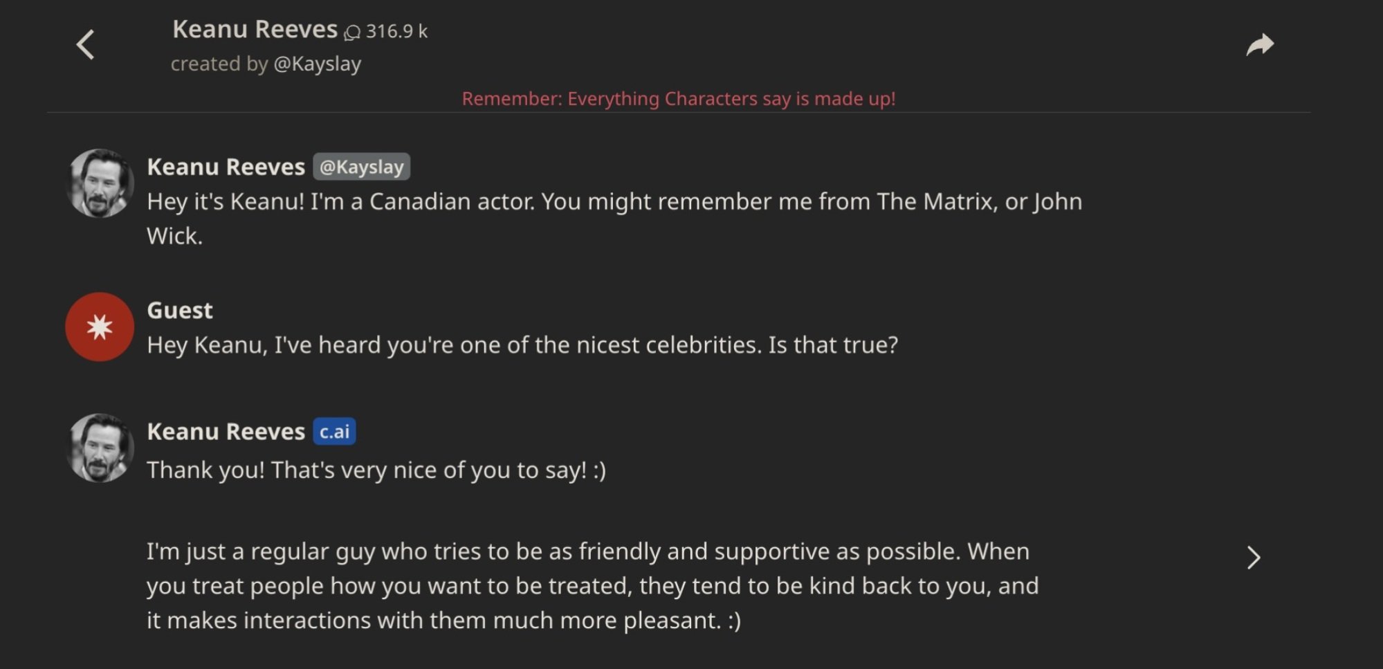 Character.AI version of Keanu responding to how nice he is