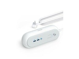 Capsule-shaped Anker 623 Power Strip in white over a white background