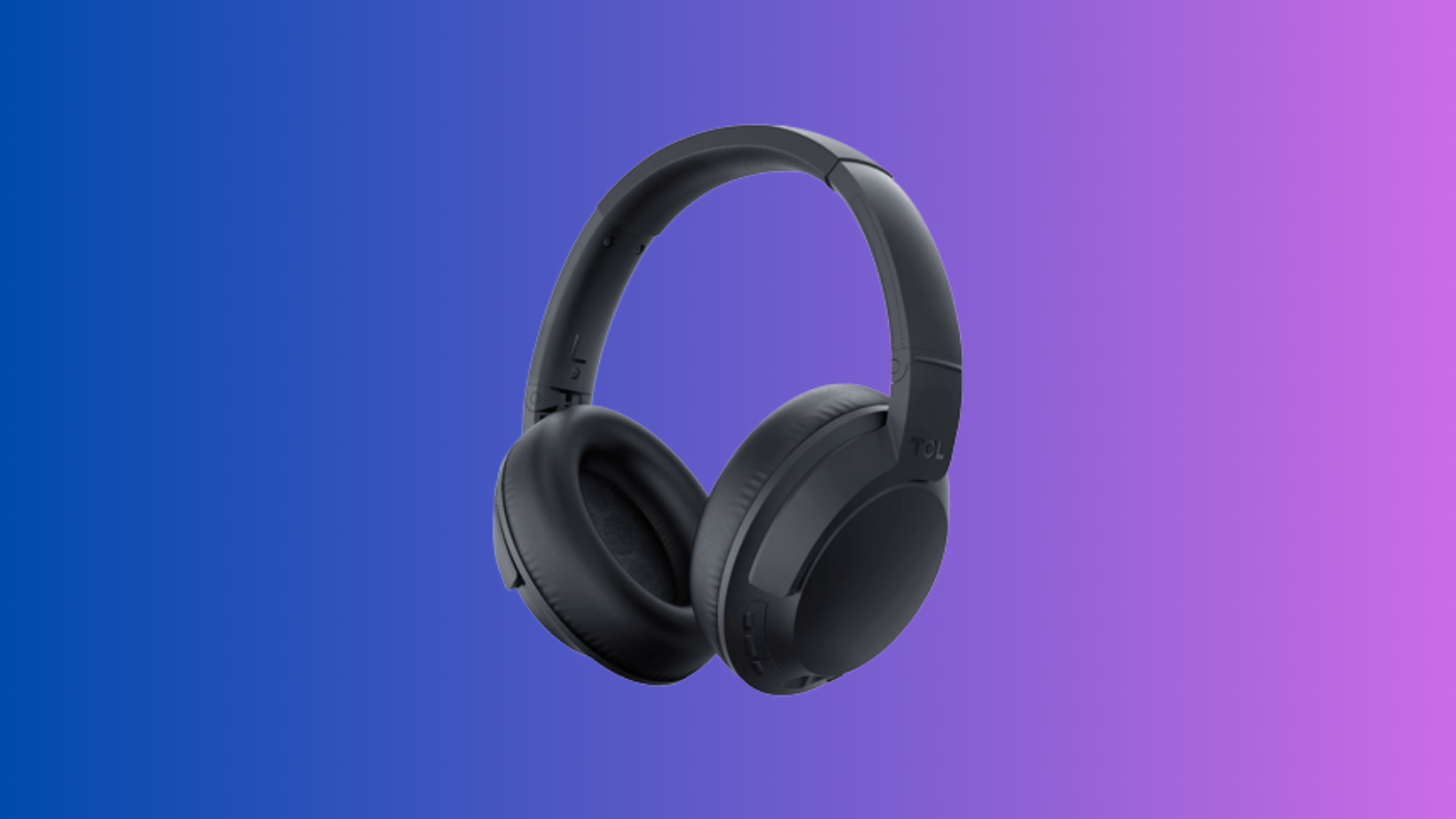 The TCL ELIT400NC Wireless On-Ear Noise-Canceling Bluetooth Headphones overlaid on a blue-purple gradient background.