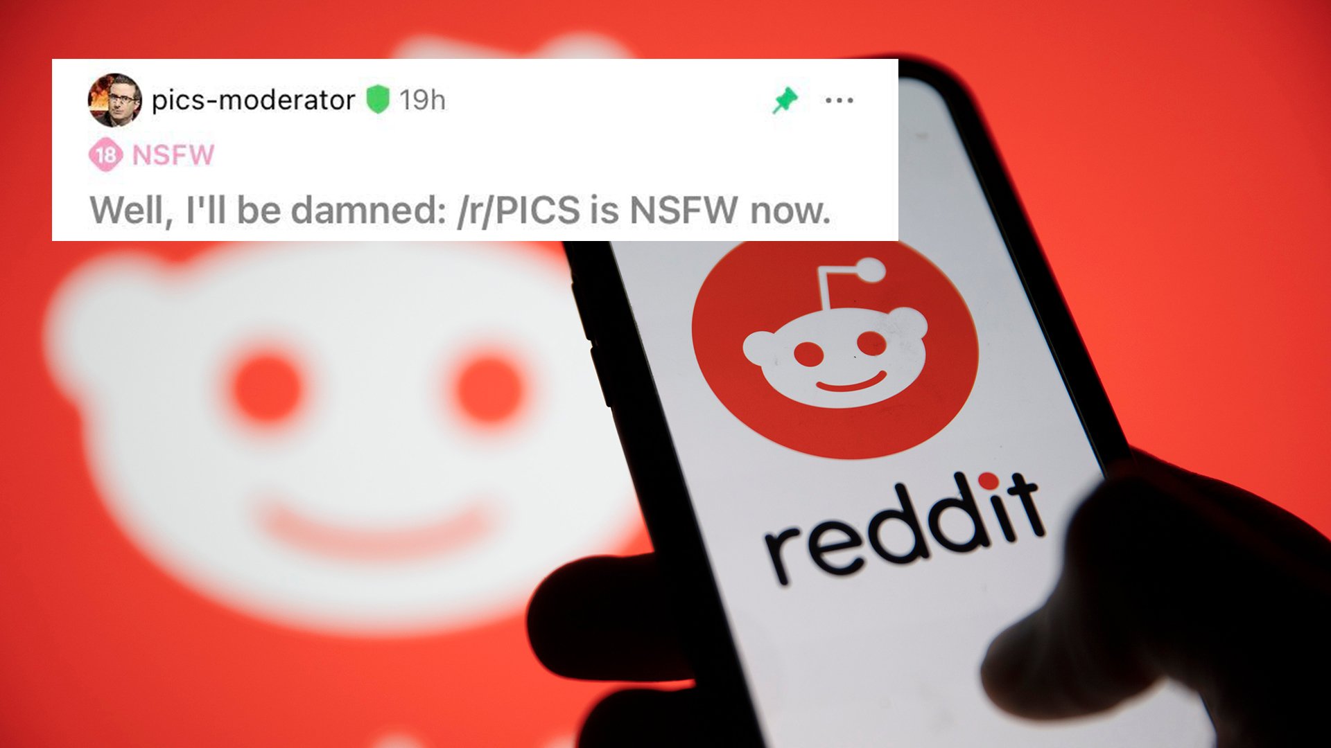 The Reddit logo is visible on a smartphone.