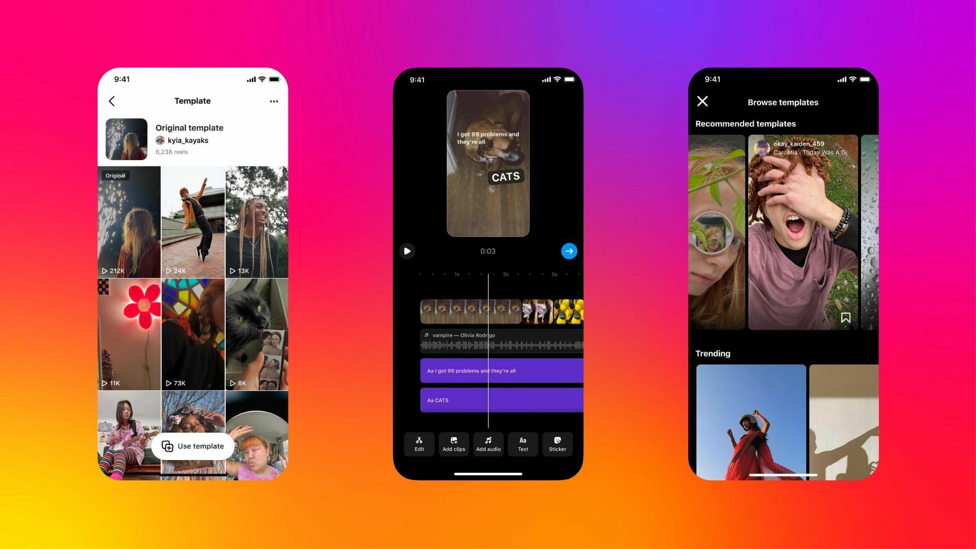 Three screenshots of phones showing Reels and templates, against a bright pink/orange background.
