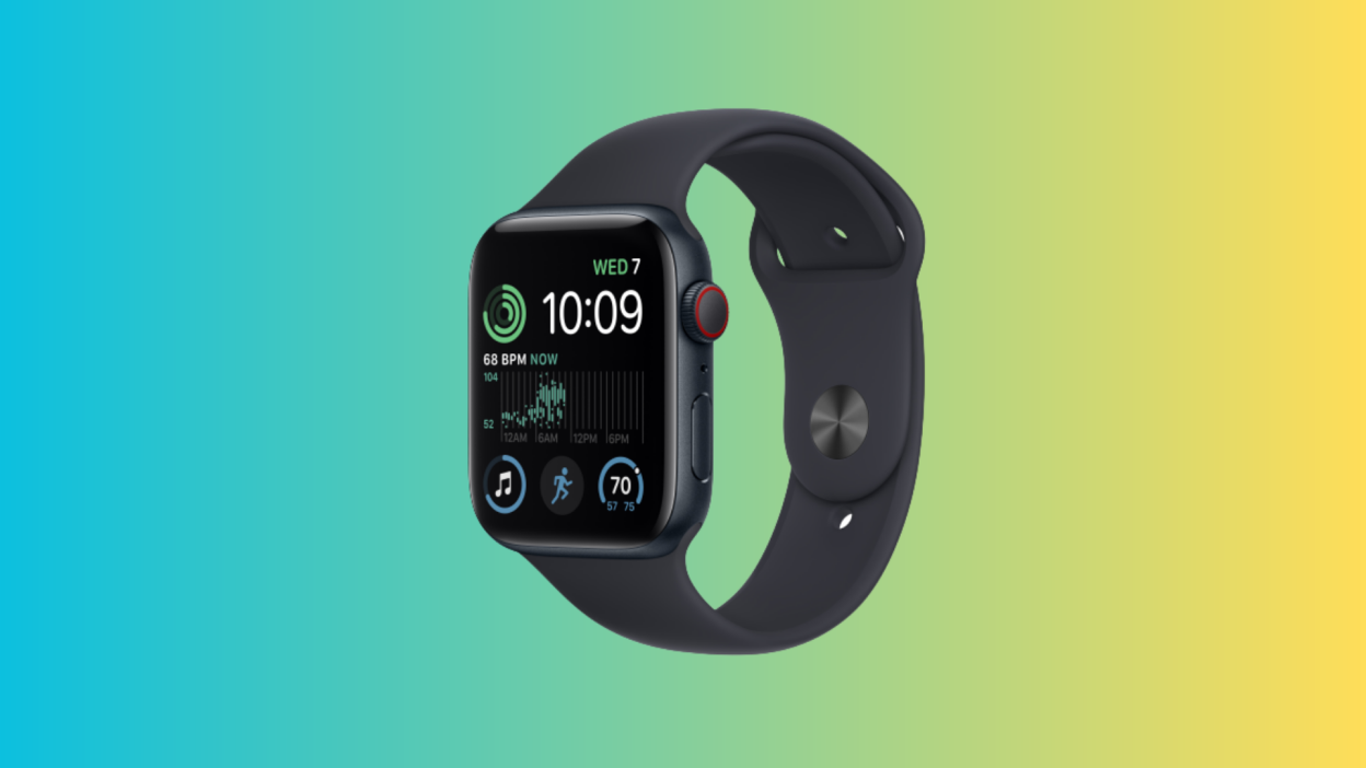 Apple Watch SE on multi-coloured background