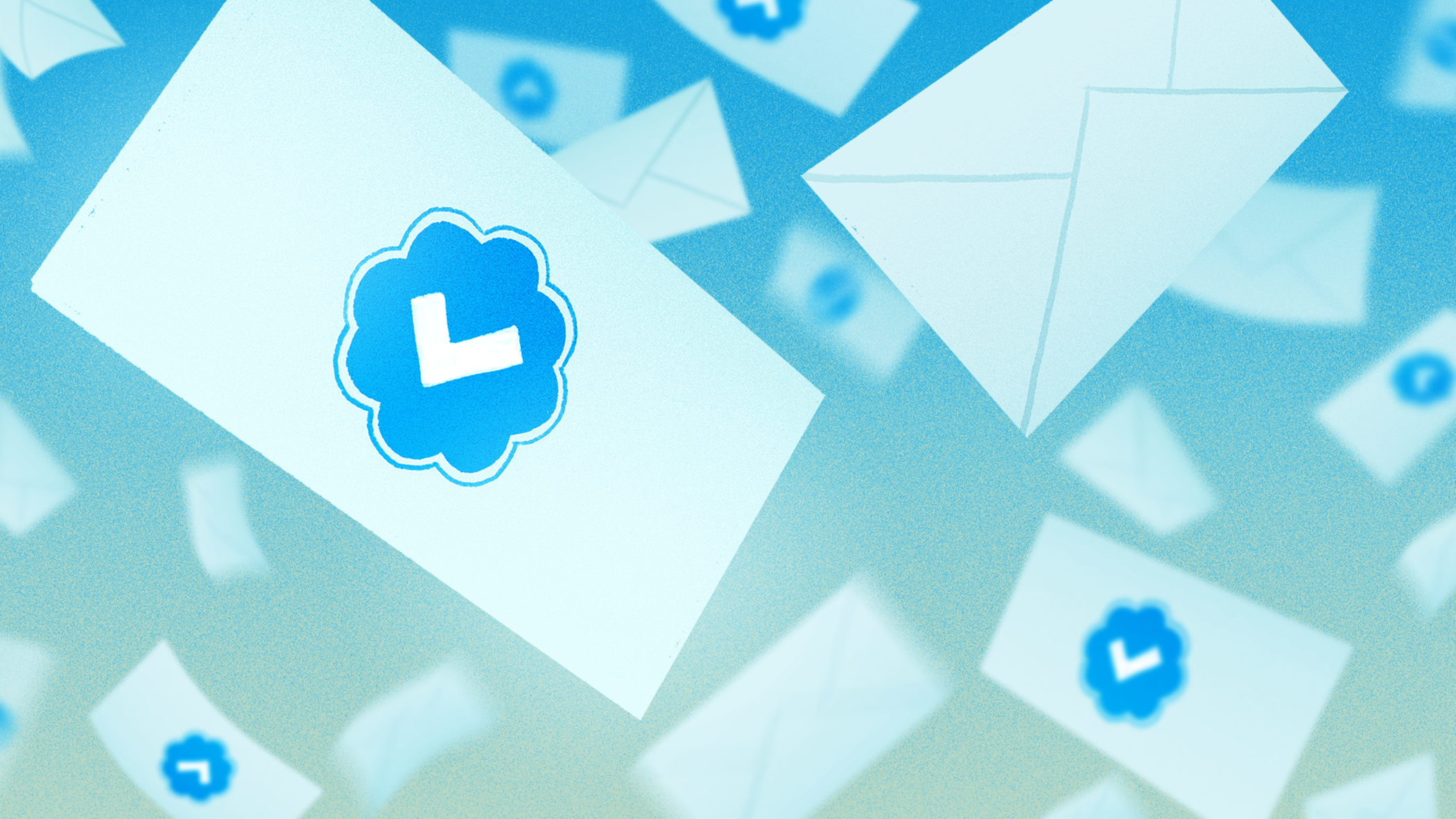 white envelopes, some stamped with twitter blue logo, fall from the sky