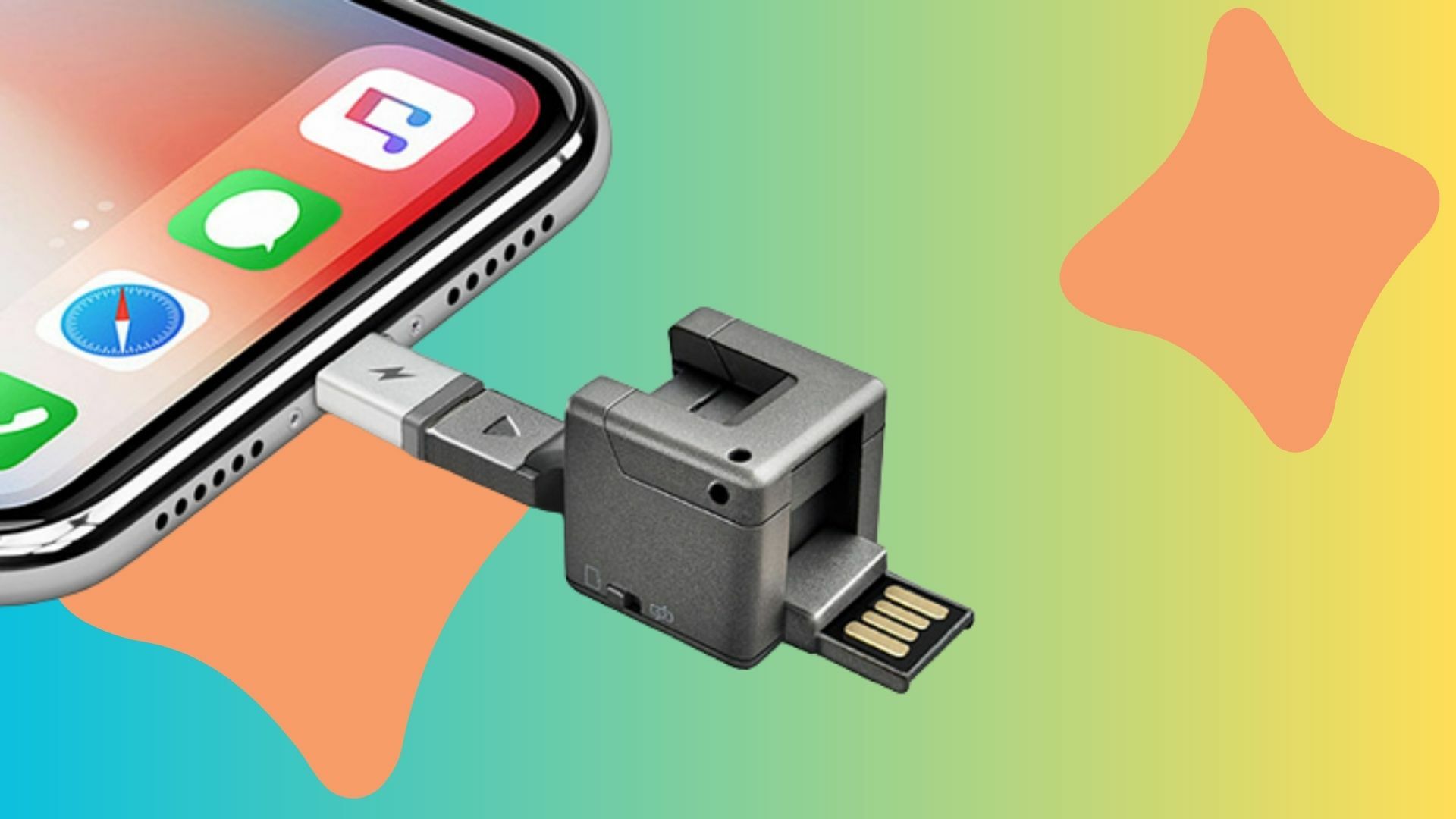 Cube-shaped phone charger is plugged into an iPhone, displayed on a colorful background