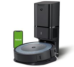 Roomba with self-docking station with smartphone to the left showing iRobot app