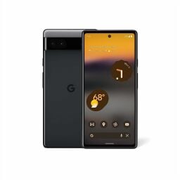 Google Pixel 6a phone in a charcoal color, shown front and back