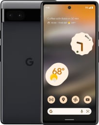 Google Pixel 6a phone in a charcoal color, shown front and back