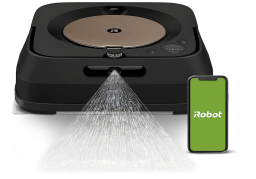 robot mop with water coming out of the opening, smartphone to the right