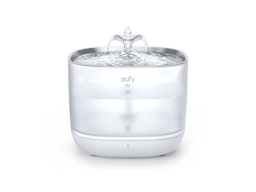 Eufy Pet Water Fountain in a clear color with water flowing out of it