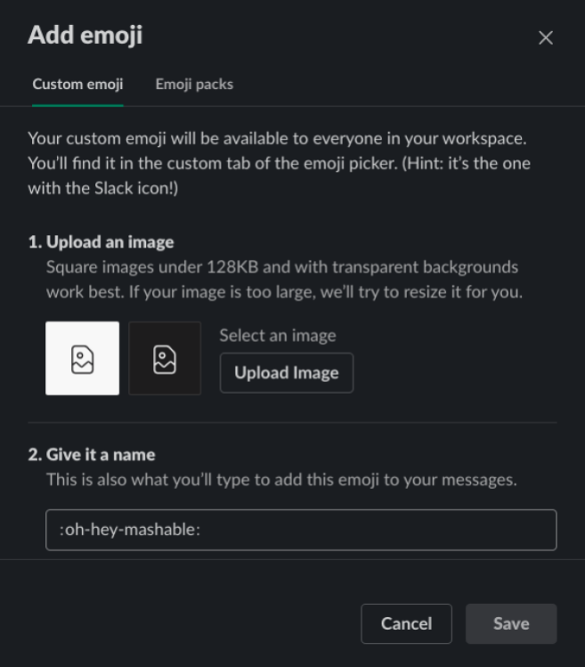 A screenshot of where you upload images to Slack for emoji.