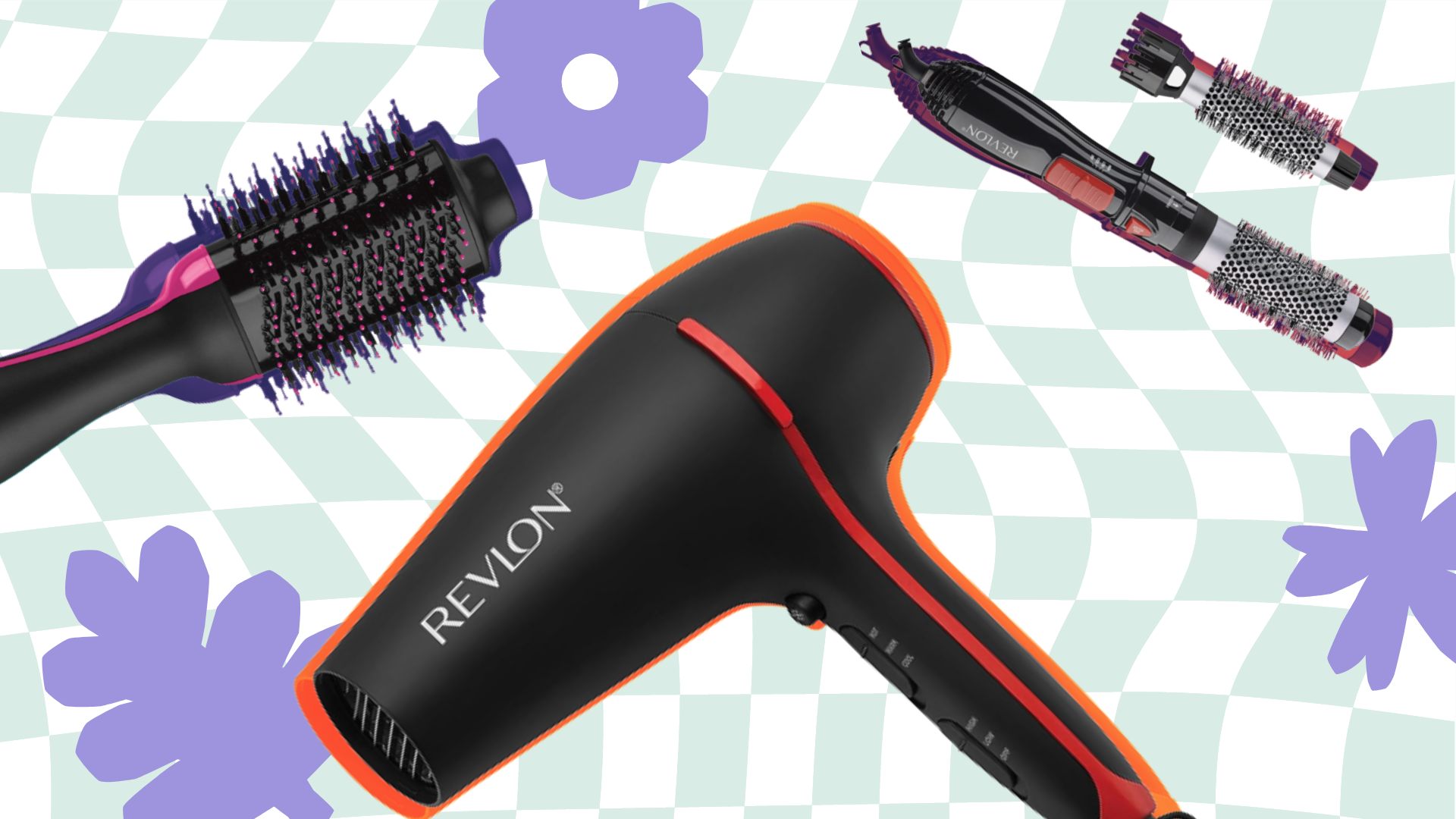 Three Revlon hair appliances on sale, overlaid on a printed background with purple flowers on it. 