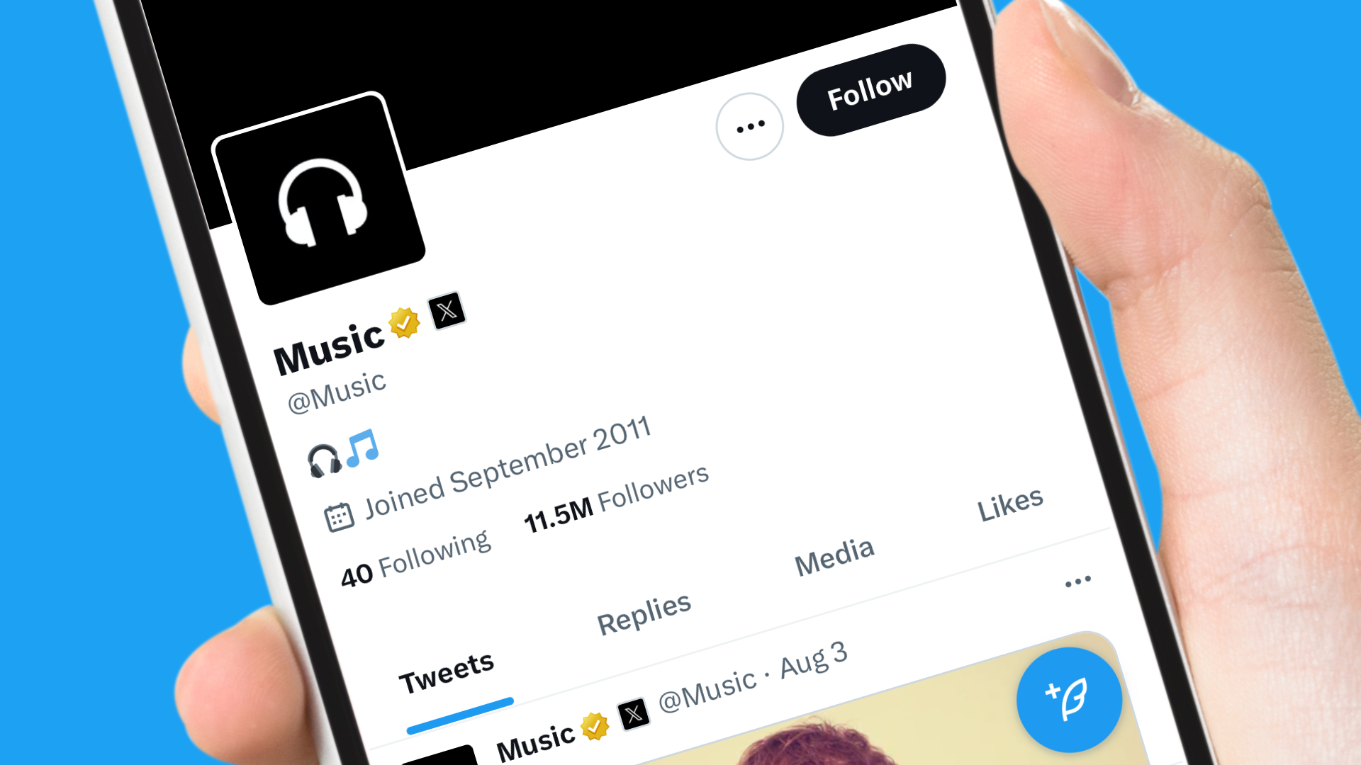 A smartphone showing the X account @Music