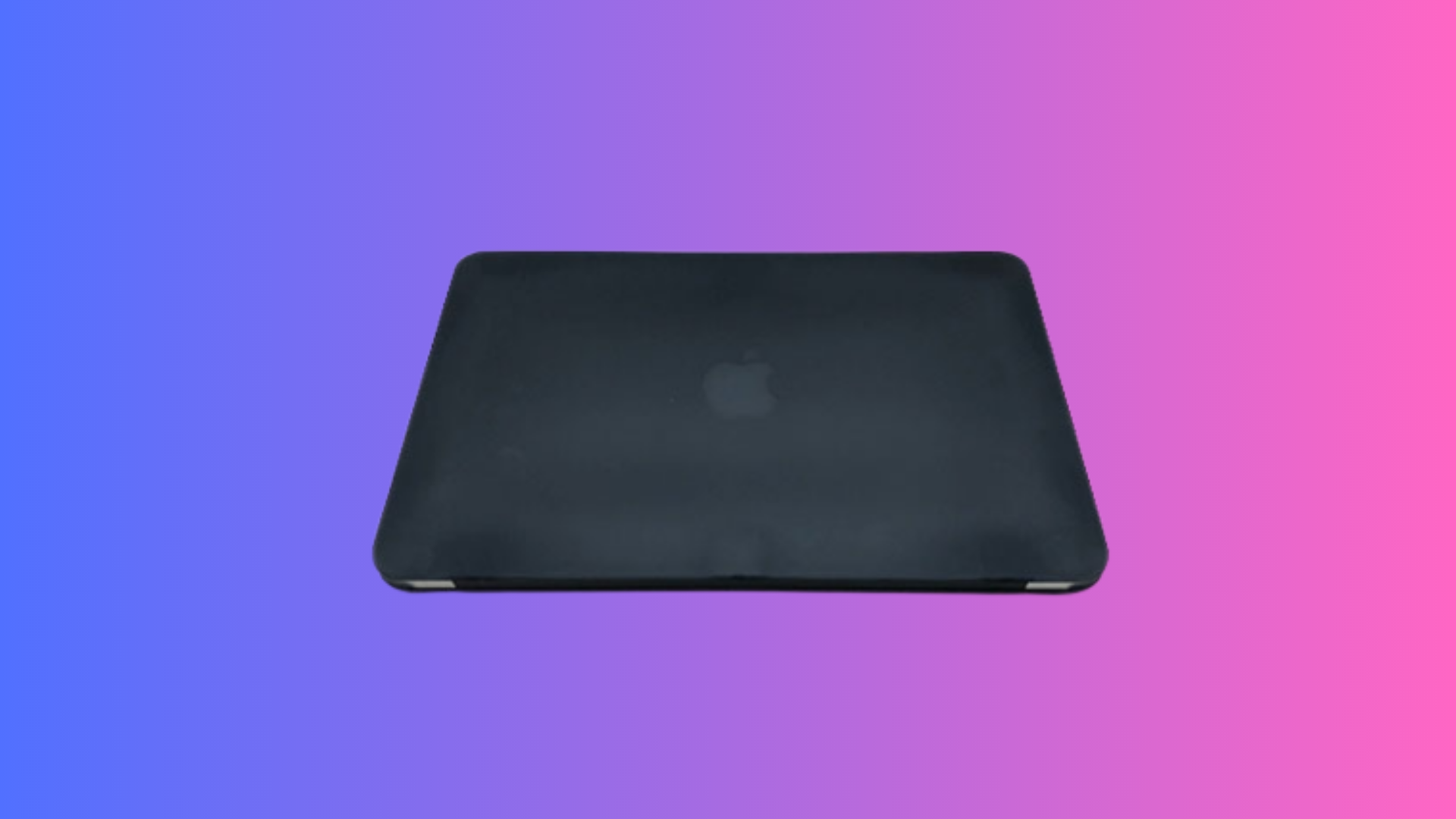 The refurbished, black MacBook Air overlaid on a colorful, gradient background.