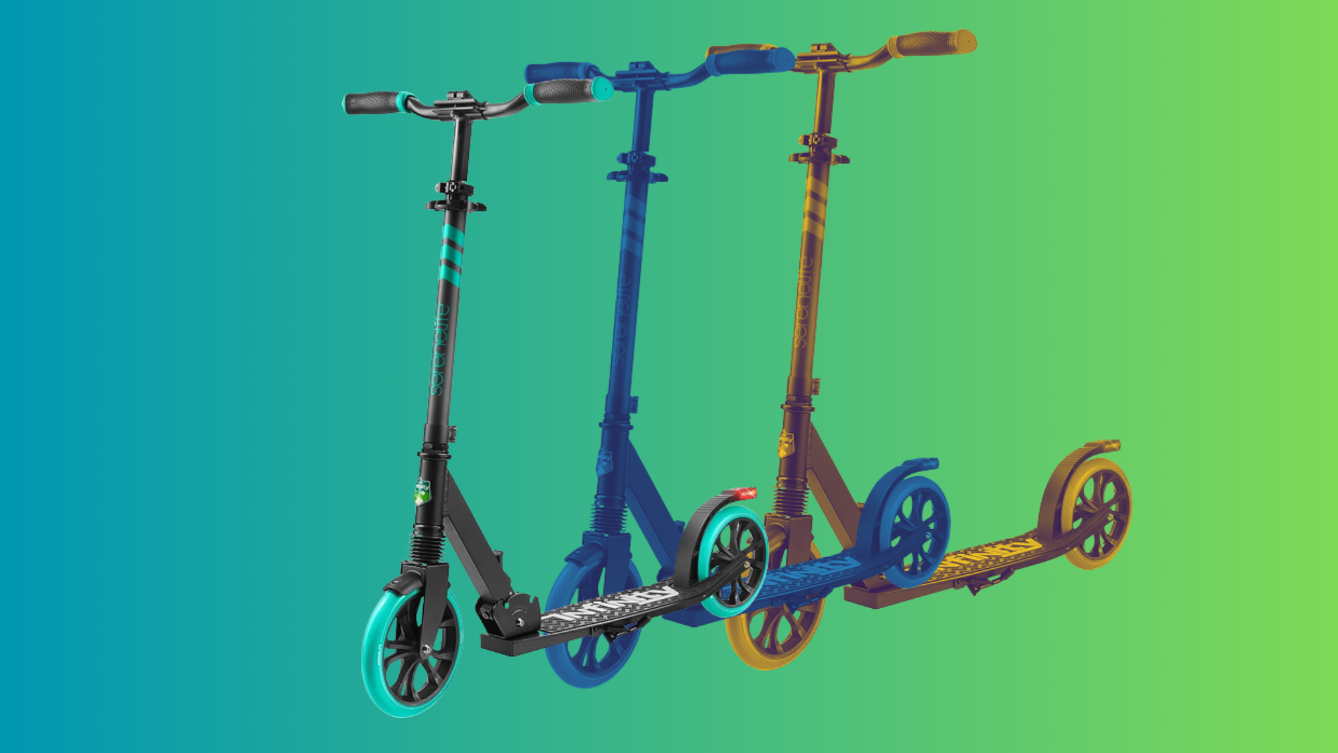 Three SereneLife scooters shown overlaid on top of each other over a colorful gradient background.