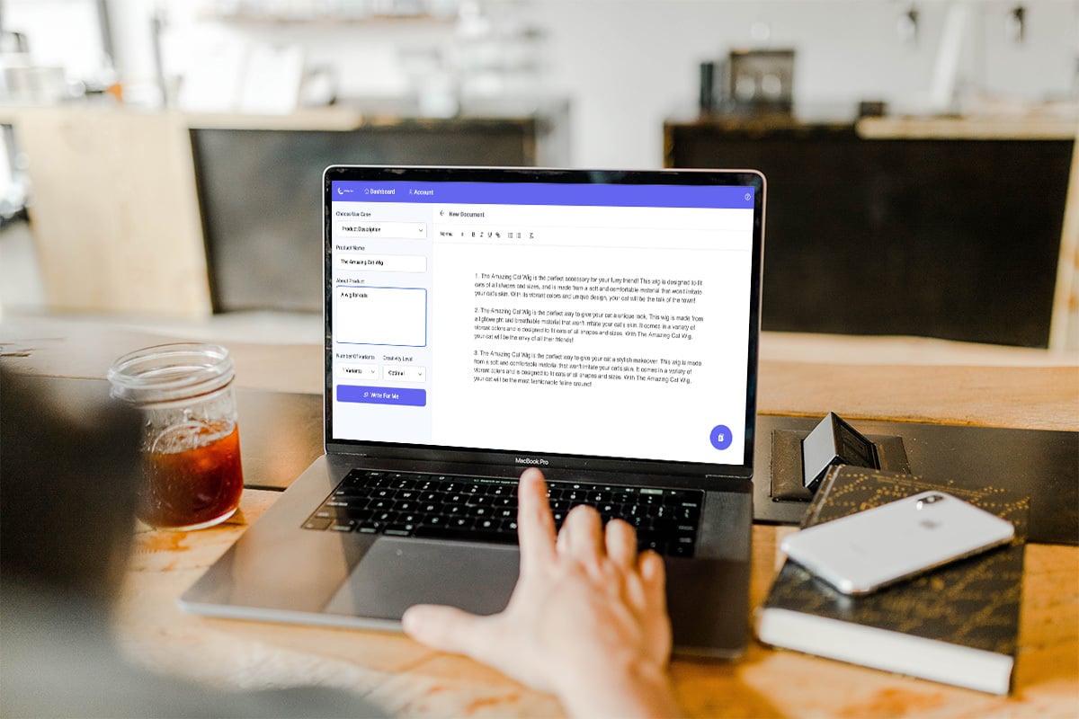 Someone typing on a computer screen with the Write Bot AI software running on it.