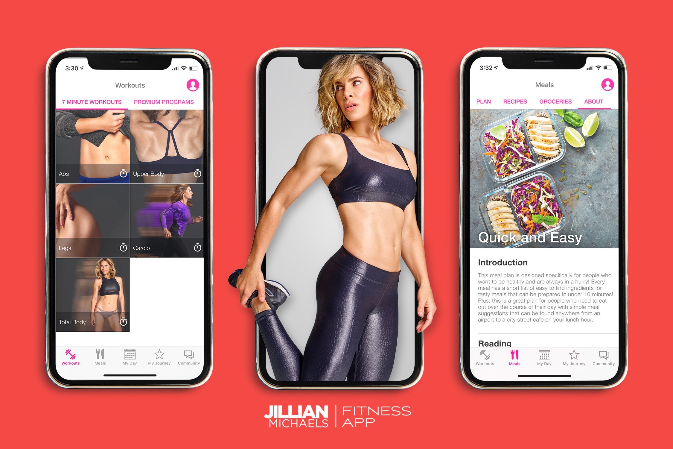 Three phone screens depicting various Jillian Michaels app options and the trainer herself in the middle.