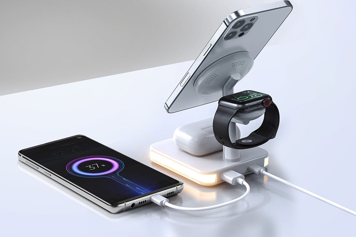 The 6-in-1 Magstand Mini Magnetic Charge Station and Bedside Lamp shown charging up multiple devices.