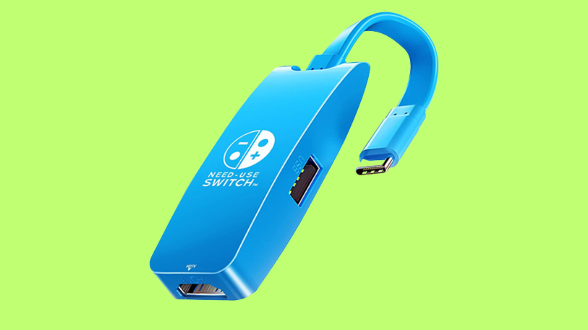 The Nintendo Switch Docking Station in a blue color over a lime green background.