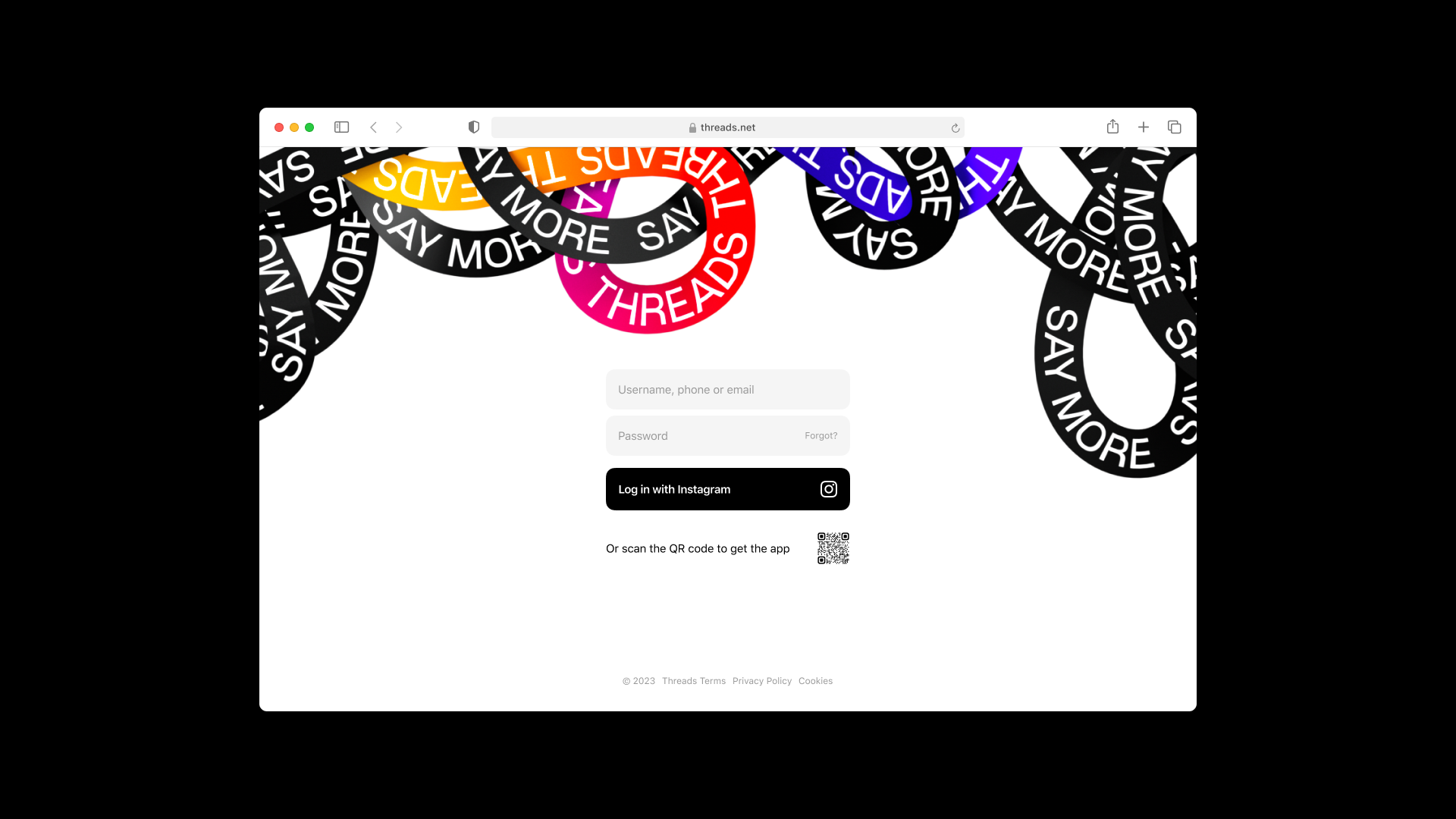A screenshot of the Threads log in screen on desktop.